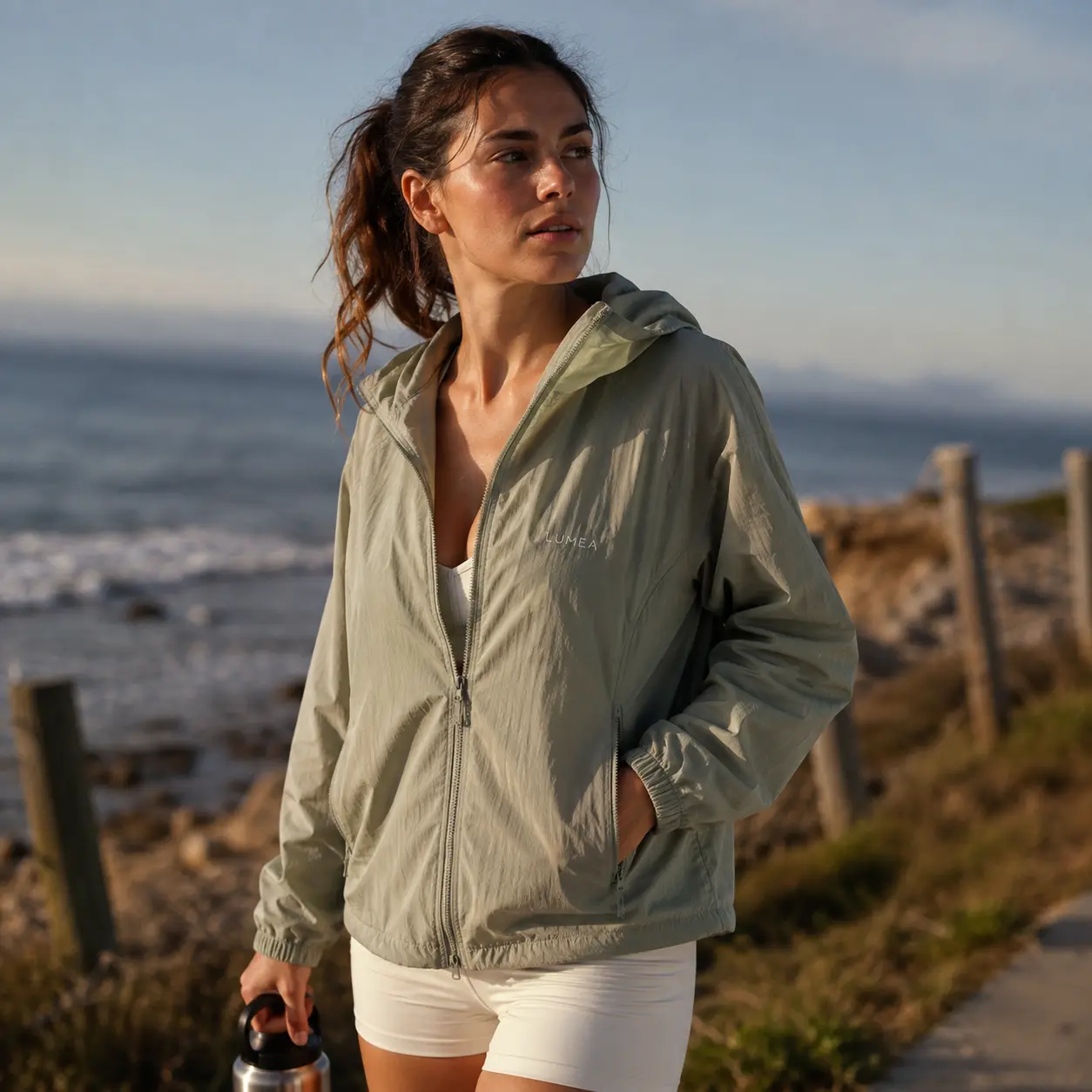 Campaign photo of the sage green windbreaker on a model by the sea