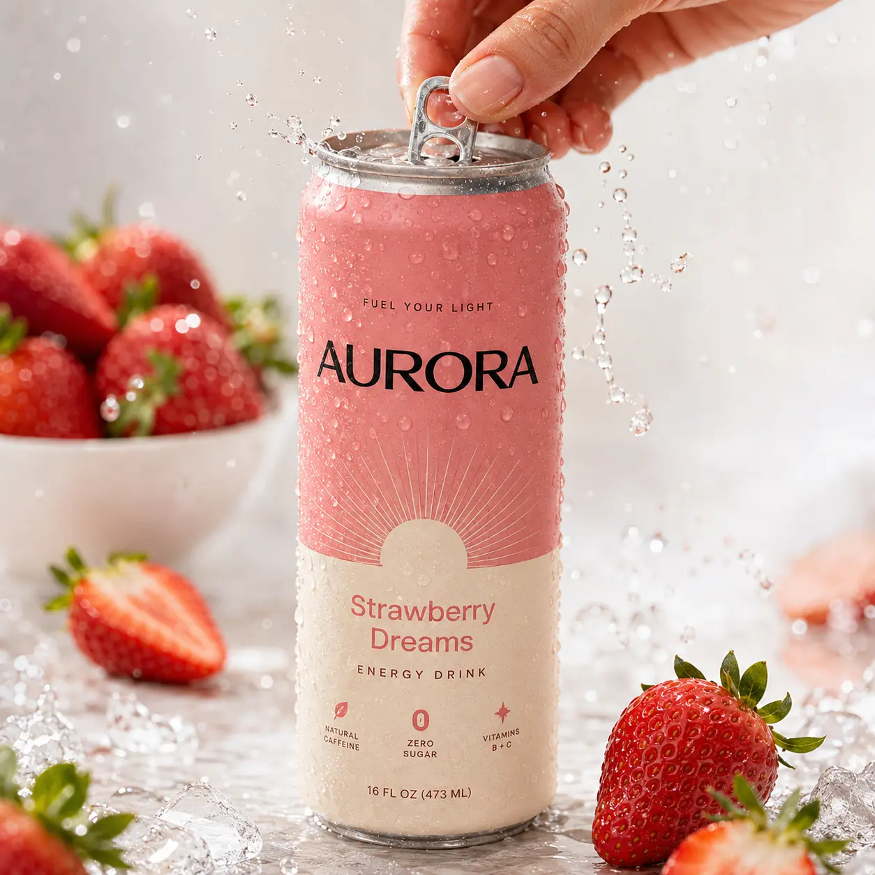 Campaign photo of the Aurora can being opened with splashing water and fresh strawberries
