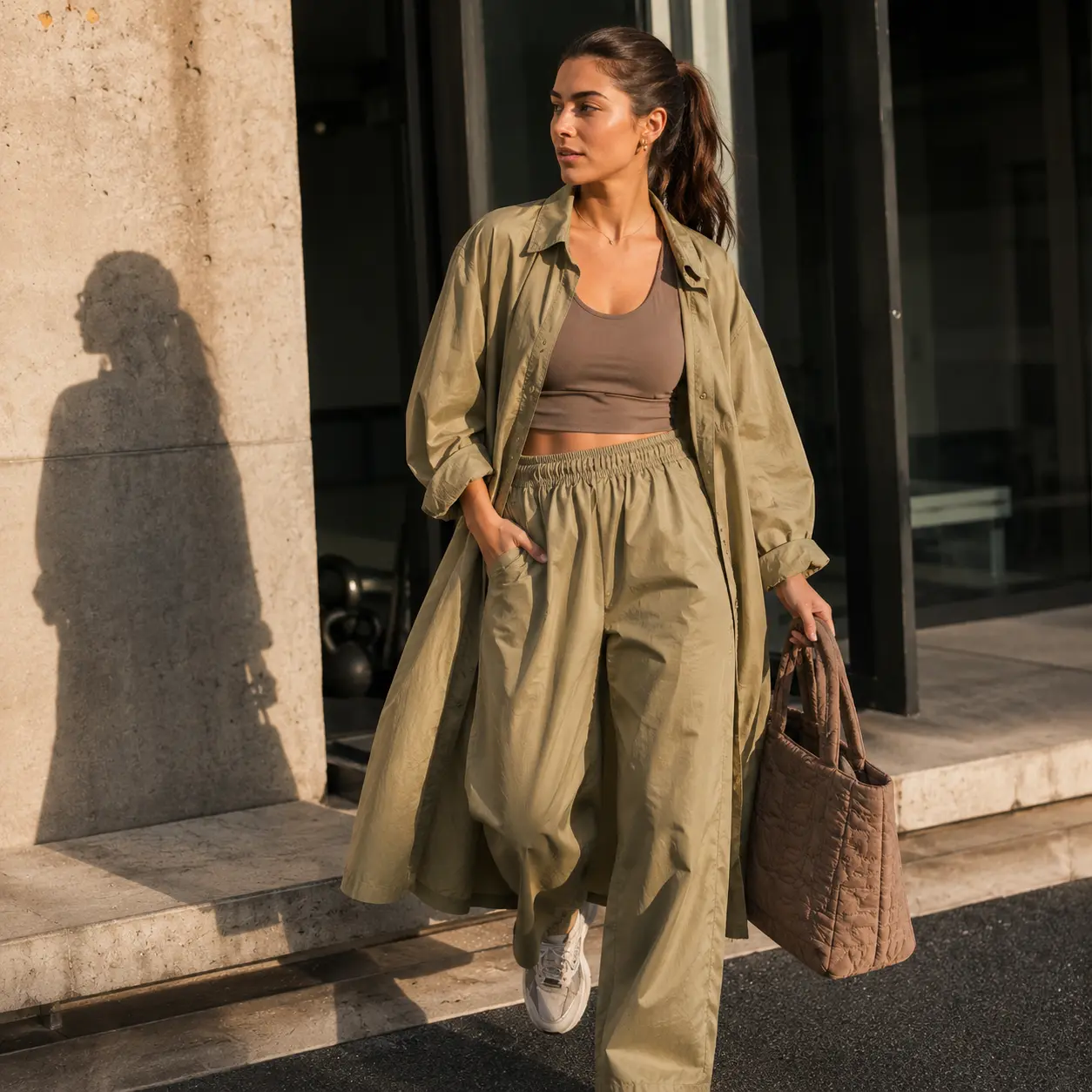 Campaign photo of the olive shirt jacket and trousers with a quilted tote in street light